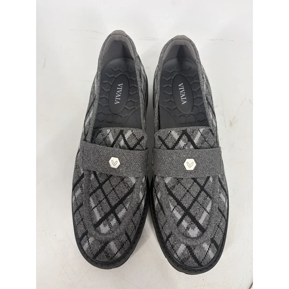 VIVAIA Francesca Grey Plaid Platform Chunky Heel Loafers Round Toe Knit 40.5 9.5